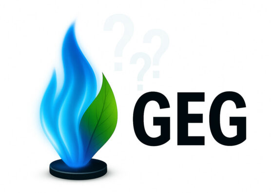 KI generiertes Bild, mit einer blauen Gasflamme, einem Blatt für Nachhaltigkeit und GEG mit Fragezeichen, um die aktuelle Situation zu beschreiben.